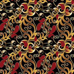 Paisley seamless pattern. Black floral background wallpaper illustration with vintage gold red paisley flowers and oriental arabic ornaments. Luxury fabric pattern texture for textile, prints, walls
