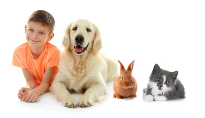 Small boy and cute dog, isolated on white