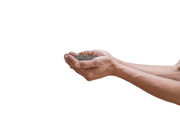 Soil in hand isolated on white background. agriculture concept
