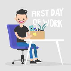 First day of work. Young character holding a box with a stationery / flat editable vector illustration, clip art