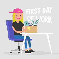 First day of work. Young character holding a box with a stationery / flat editable vector illustration, clip art