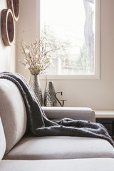 Beatutiful inviting sofa with throw rug and soft window light behind