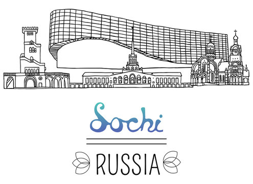 Set of the landmarks of Sochi, Russia. Vector Illustration. Business Travel and Tourism. Russian architecture. Black pen sketches and silhouettes of famous buildings located in Sochi.