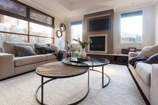 Designer Family Home Casual Living Room In Neutral Tones And Textures