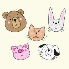 Five lovely cartoon animal muzzles. Stock vector graphics in hand-drawn style.