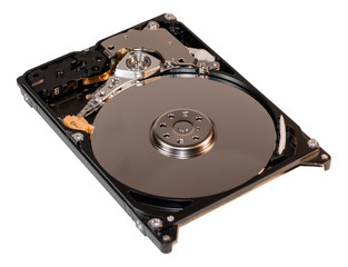 Opened hard drive with internals detail. Isolate on white background