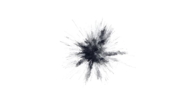 Cg animation of black powder explosion on white background. Slow motion movement with acceleration in the beginning. Has alpha matte. Wide angle version.