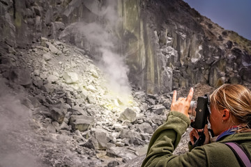 Photographing crater of Gunung Sibayak volcano