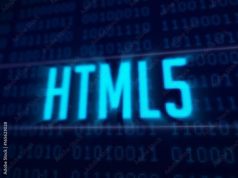 Poster html 5 on dark blue pixels screen 3d rendered with depth of field