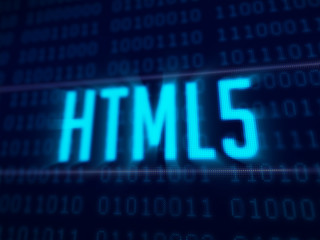 HTML 5 on dark blue pixels screen 3D rendered with depth of field