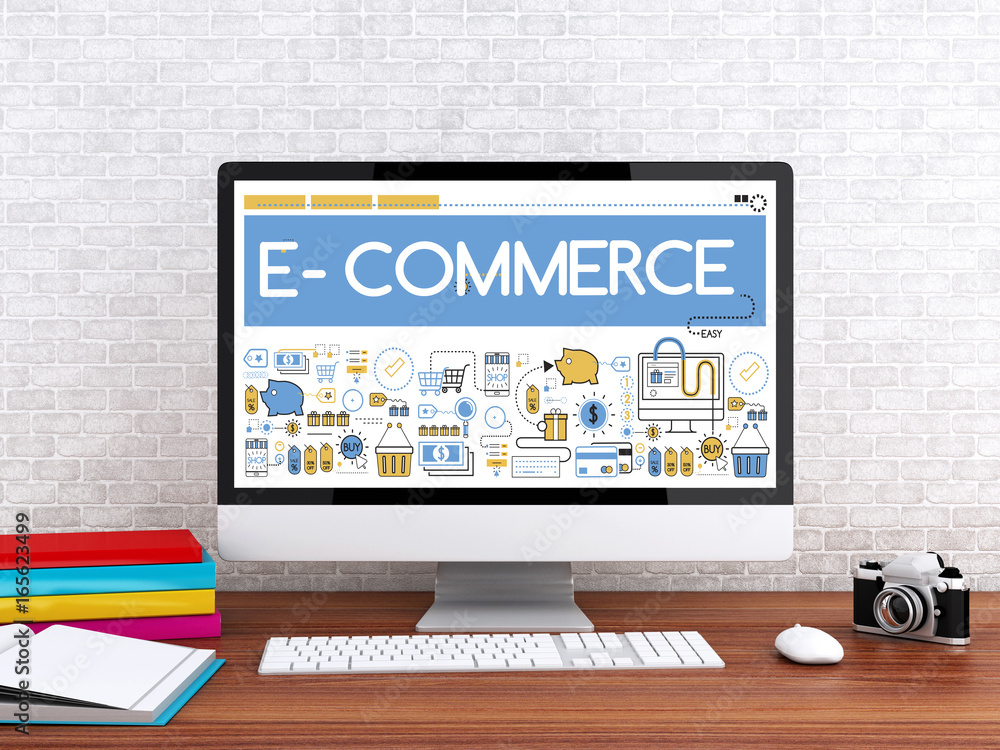 Poster 3d computer with word e-commerce.