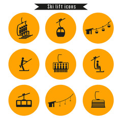 Set of ski cable lift icons for ski and winter sports.