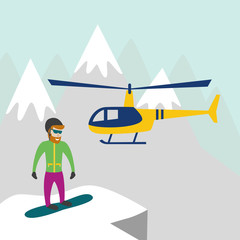 Heliskiing flat illustration with helicopter, mountains and snowboarder.