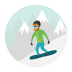 Ski resort illustration with snowboarder and mountains.