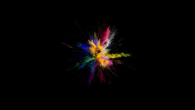 Cg animation of color powder explosion on black background. Slow motion movement with acceleration in the beginning. Has alpha matte. Wide angle version.