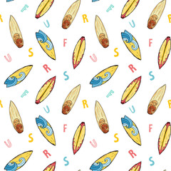 Surf boards seamless pattern hand drawn sketch background, typography design vector illustration
