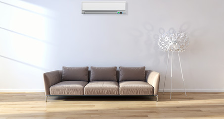 Modern bright living room lounge interior with air conditioning. 3D rendering