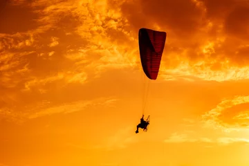 Photo sur Plexiglas Sports aériens Paramotor flying on the sky at sunset.Paramotor silhouette on the orange sky