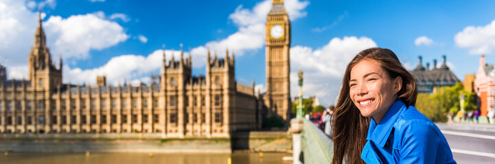 London Big Ben Westminster tourist Asian woman banner. Urban Europe travel destination, Houses of...
