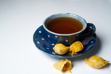 Thai dessert Curry Puff with a cup of tea