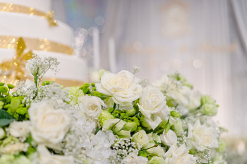 closeup droplet on white rose flower  / wedding flower decoration