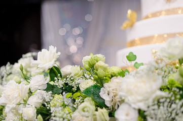 closeup droplet on white rose flower  / wedding flower decoration