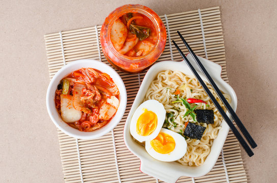 Instant noodles and kimchi cabbage ready to eating,Korean food