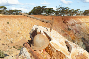 Old Mining Pick & Helmet