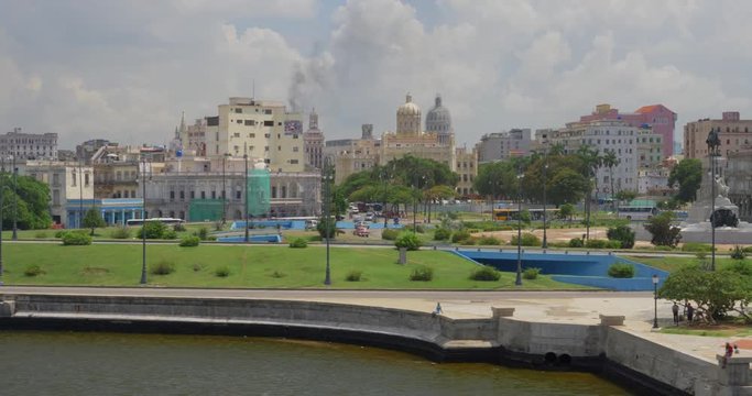 HAVANA, CUBA - Circa July 2017 - A high angle day wide dolly establishing shot of the shoreline of Havana, Cuba. The capitol dome can be seen in the distance. Shot at 48fps.  	