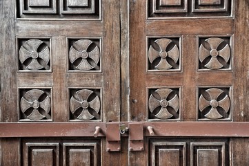 Old ancient wooden double door background. Vintage of old wooden double doors texture.
