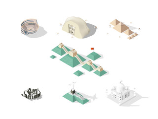 illustration vector isometric design concept of 7 Wonders of the World: Colosseum, Great Wall, Petra, Taj Mahal, Cristo Redentor, Great Pyramid of Giza, stonehenge