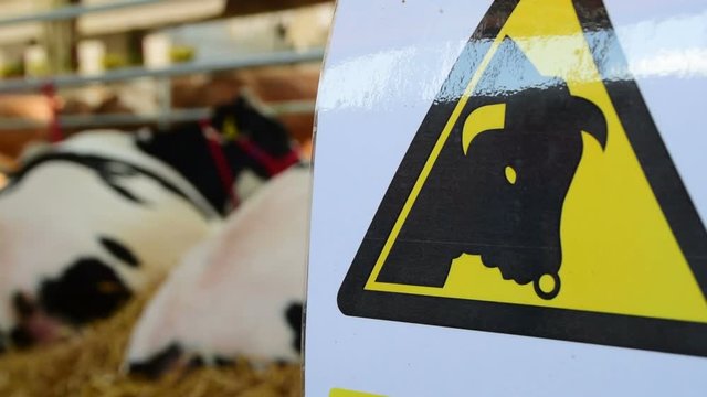 Warning sign(be careful,aggressive bulls) on the agricultural fair, Agricultural Fair, May 18. 2017. Novi Sad, Serbia
