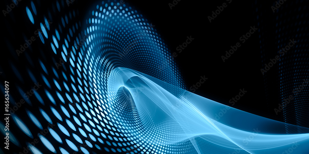 Poster Abstract background element. Fractal graphics series. Three-dimensional composition of glowing lines and mosaic halftone effects. Wide format high resolution image. Blue and black colors.