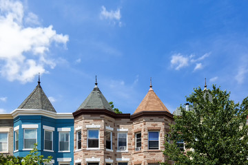Row houses in the Washington DC neighborhood of Bloomingdale on a summer day.