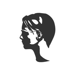 Portrait of beautiful woman in black sunglasses. Short hair. Side view