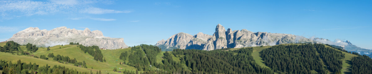Fototapeta na wymiar Great landscape on the Dolomites. View on Sella group, Bo peak, Gardenaccia massif and Sassongher summit. Alta Badia, Sud Tirol, Italy