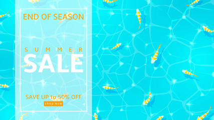 Web banner with water texture for end of season sale. Top view on fish in sea. Vector illustration with special offer of summer.
