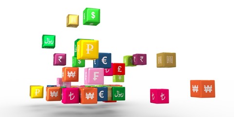 Currency symbols on vibrant multicolored plastic reflective cubes. Business concept. 3D rendering