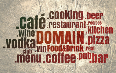 Domain names words cloud relative to food and drink theme. Internet and web telecommunication concept