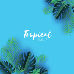 Fototapeta na wymiar Trendy Summer Tropical palm leaves and plants in paper cut style. Origami Exotic Hawaiian summertime. Space for text. Beautiful dark green jungle floral background. Monstera, palm. Vector