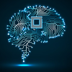 Abstract technological glowing brain. Cpu. Circuit board. Vector