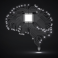 Abstract technological glowing brain. Cpu. Circuit board. Vector