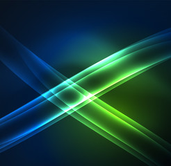 Energy lines, glowing waves in the dark, vector abstract background