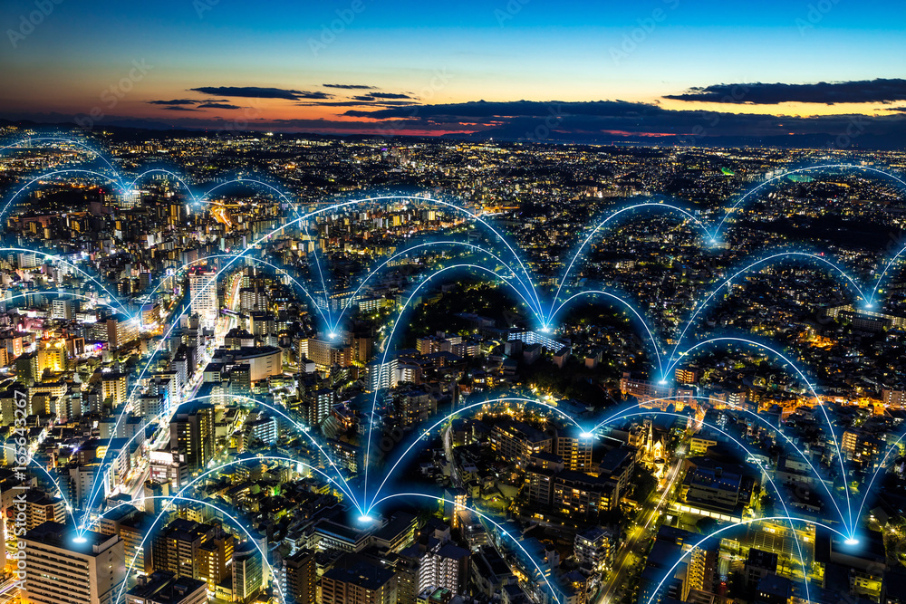 Aufkleber smart city and communication network concept. abstract mixed media.