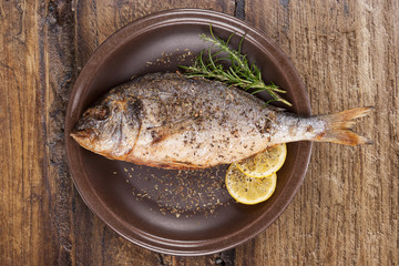 Grilled fish on plate from above.
