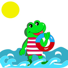 Cheerful green frog with a bathing circle in his hand, on the sea, cartoon on a white background.
