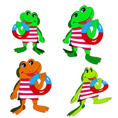 Collection of merry frogs with a bathing circle in the hand, cartoon on a white background.