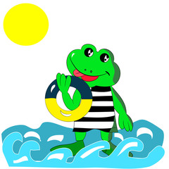 Cheerful green frog with a bathing circle in his hand, on the sea, cartoon on a white background.