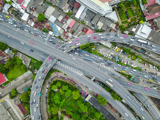 Aerial  shot,view from the drone on the road junction of Bangkok,Thailand
