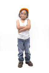 Asian boy orange safety helmet isolated on white background